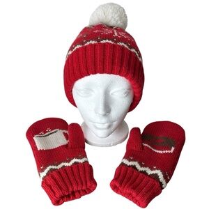 TIM HORTONS Knit Mittens Toque Beanie Set 2016 Coffee Cup Donut Red White Brown